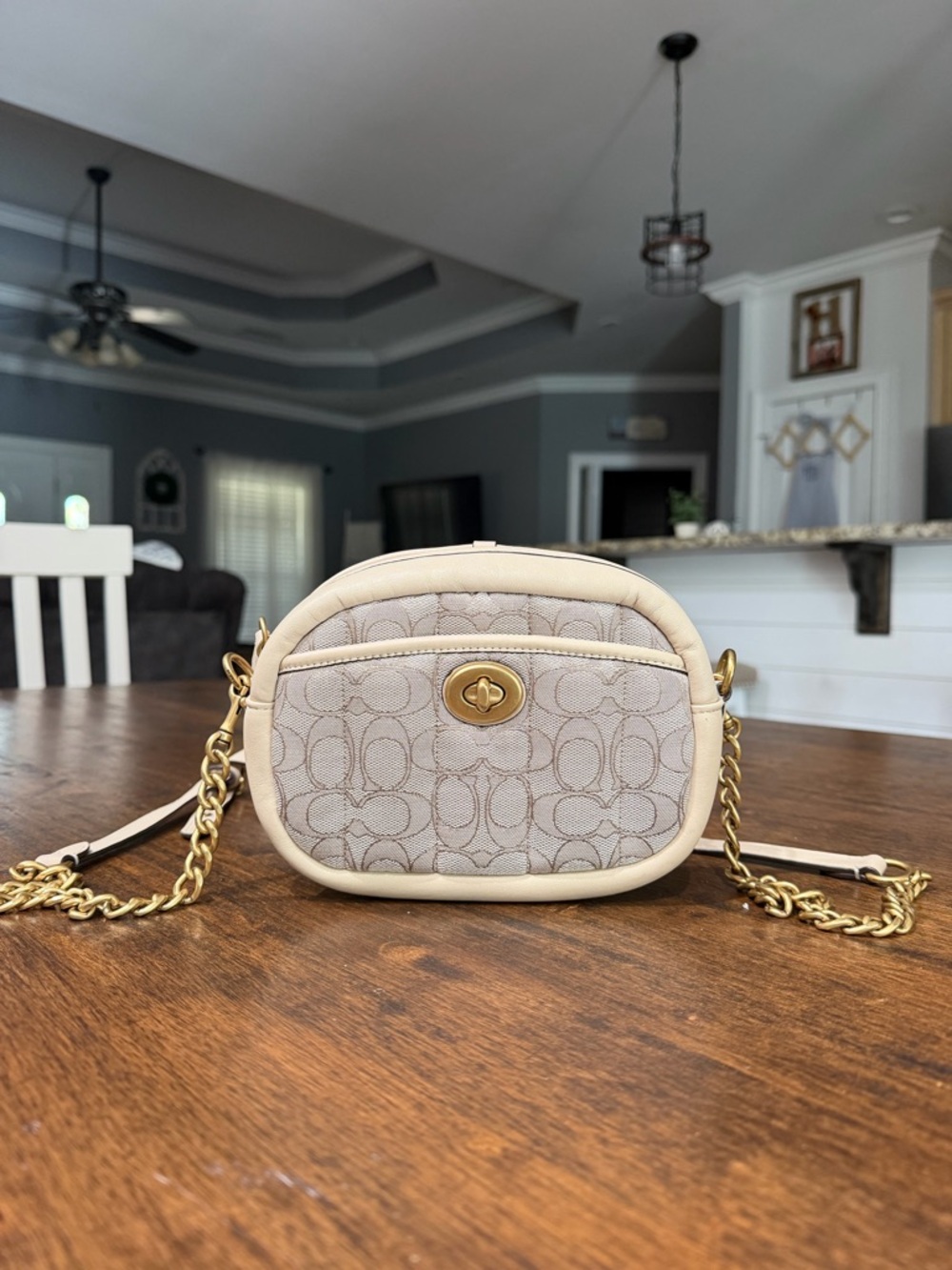 Coach Beige Signature Canvas Oval Crossbody with Gold Hardware